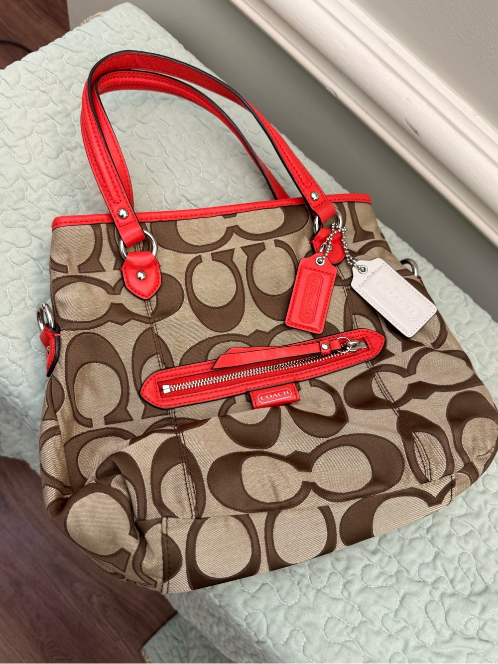Coach Brown Signature Canvas Shoulder Bag with Red Trim